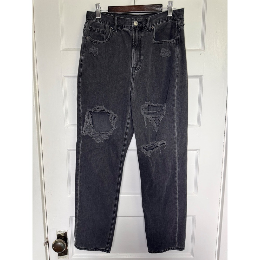 American Eagle Distressed Mom Jeans Black Faded High Waisted Denim 8 Regular